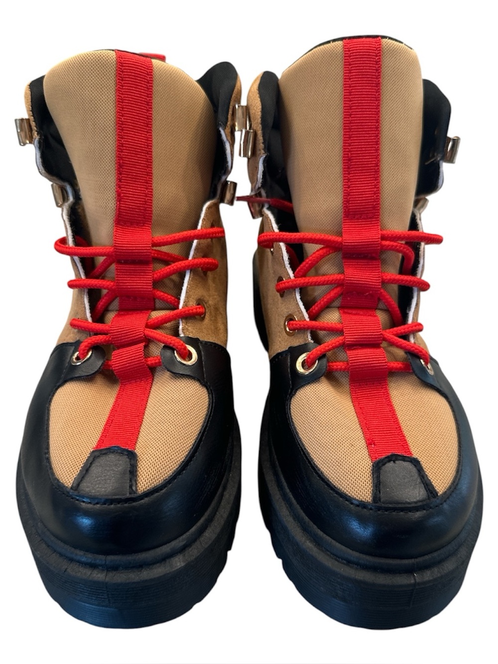 Qupid Hiking Style Ankle Boots Tan Black Red Laces Size 37 US 6.5